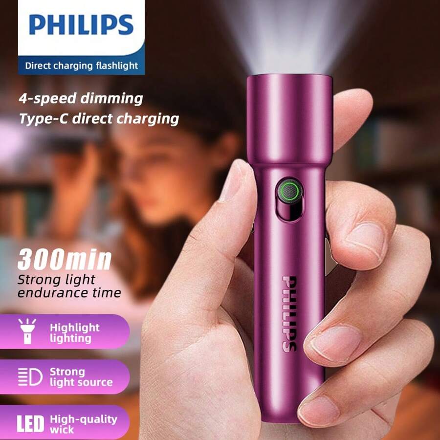 PHILIPS 1pc Strong Light LED Flashlights Household Mini Torch With 4 Lighting Modes, Pink/Red Flashlights USB Rechargeable, Multifunctional Outdoor Portable Lighting Emergency Lights For Camping, Hiking, Home Use, Dog Walking, Sports, Reading, Thanksgiving, Christmas Gifts