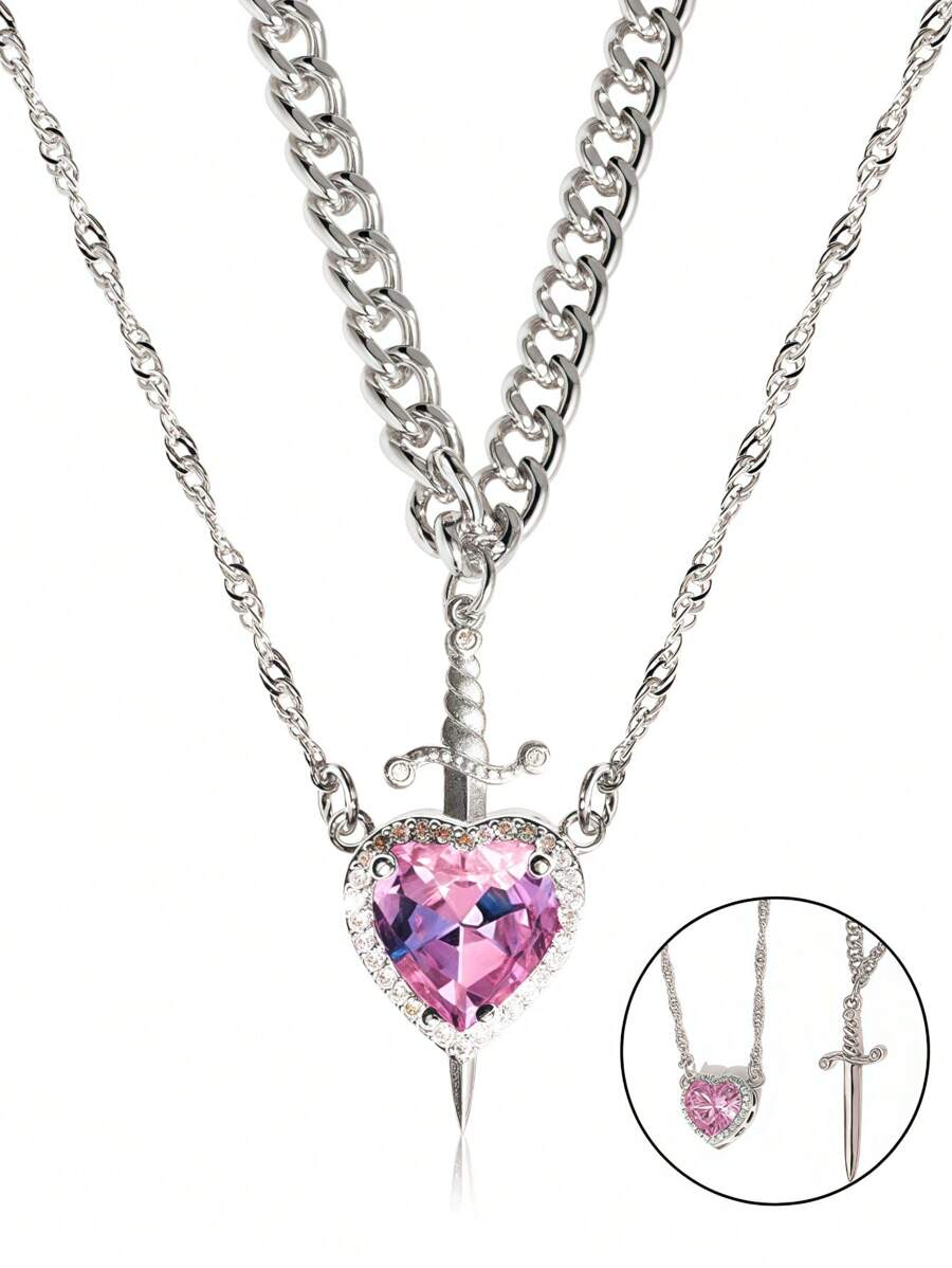 1 pièce, collier ras-de-cou couple épée de chasse en forme de cœur créatif. Pendentif cœur et épée. Couleurs or et argent. Bijoux romantiques pour la Saint-Valentin, le mariage. 2 accessoires de mode assortis