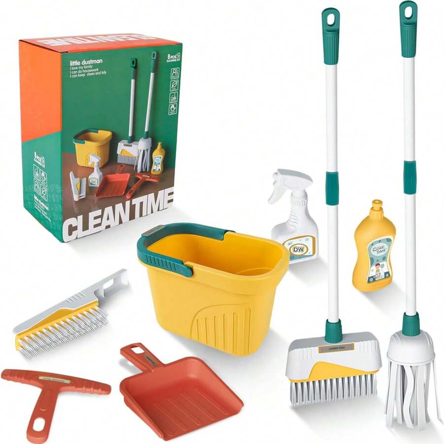 8 pièces Set de nettoyage pour enfants - Balai et balai à jouet de taille enfant, jouets de nettoyage pour jeu de rôle pour la chambre des enfants, cadeau de Noël/anniversaire pour filles et garçons