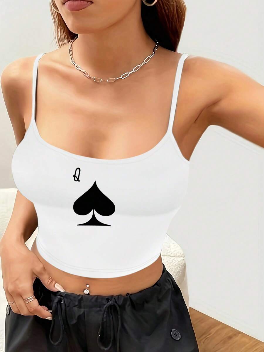 1pc White Playing Card Print Camisole Sleepwear Top