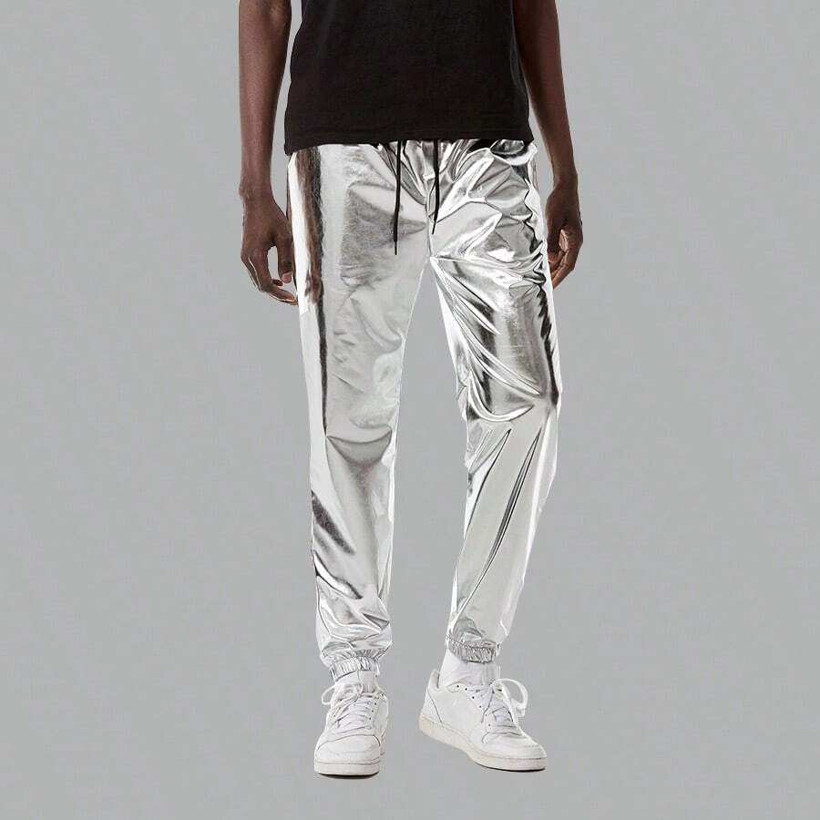 Pantaloni sportivi metallizzati e luccicanti, pantaloni lunghi elasticizzati per uomo adatti per feste