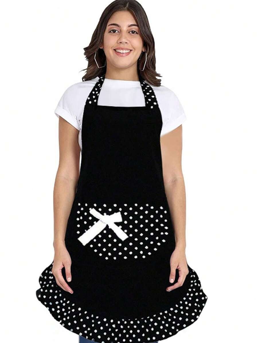 1pc Cute Polka Dot Bowknot Princess Style Apron, Adjustable Waist Strap, Single Pocket Design, Sleeveless Kitchen/Restaurant Uniform For Women