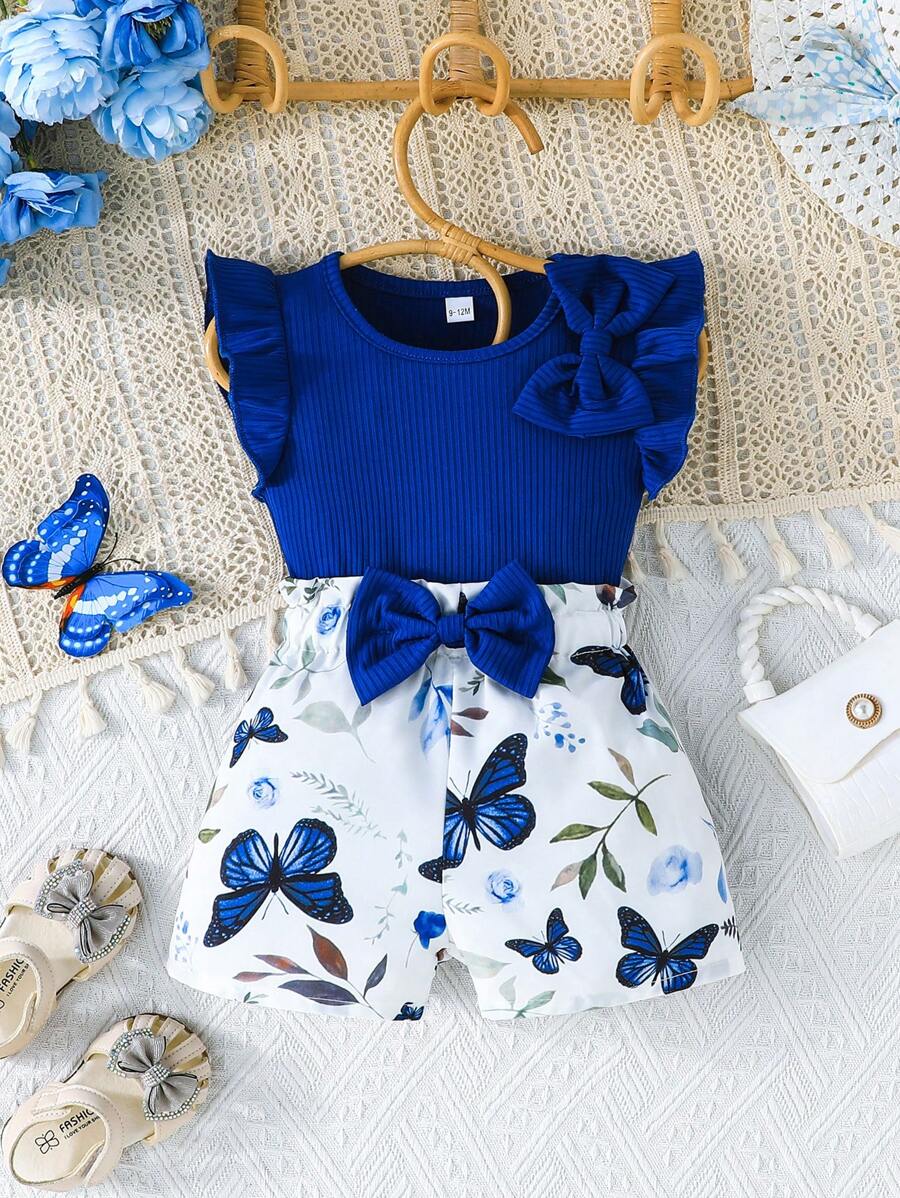 Baby Girl Clothing Summer Baby Girl Set Cap Sleeve Cute Bow Top & Butterfly Print Casual Shorts 2 Pieces Outfit