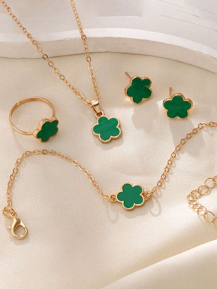 Set de 5 piezas de joyería: Collar colgante de gota de aceite de cinco hojas de la suerte, pulsera, aretes, anillo, set de joyas de moda, apto para cualquier ocasión, regalo para novia, madre en el Día de San Valentín o Día de la Madre