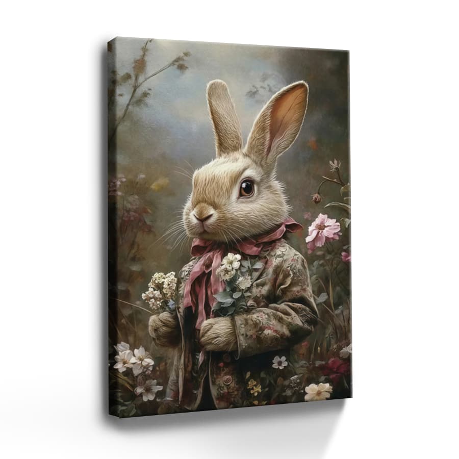 1pc Framed Wall Art, Wrapped Canvas Poster Vintage Prints, Easter Day, A White Rabbit In A Floral Suit, Home Living Room Bedroom Ofice Wall Decor, Birthday Party Decor, Hanging Hardware Included - Framed, Vertical