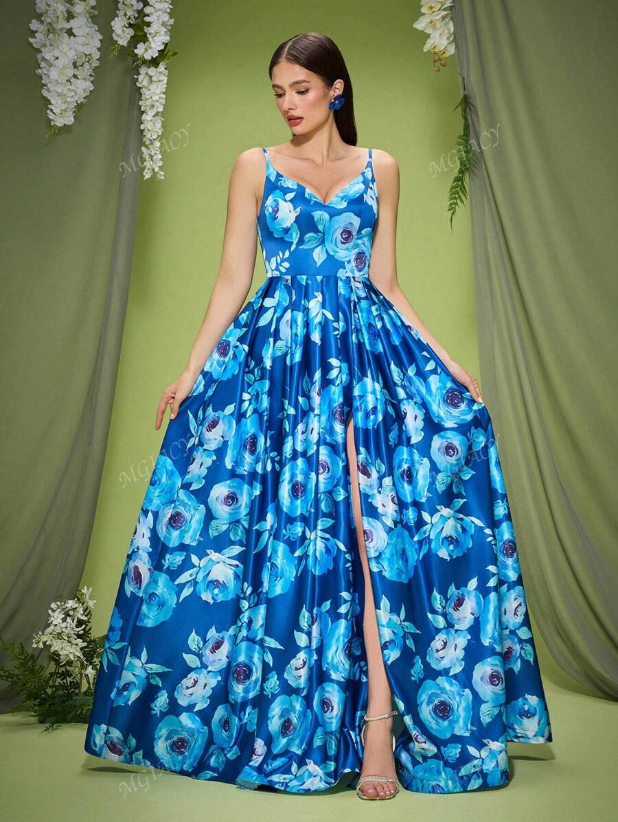 Robe de demoiselle d'honneur longue, col en V, débardeur, satin, imprimé, élégante, fente haute, nouvelle arrivée, Mgiacy