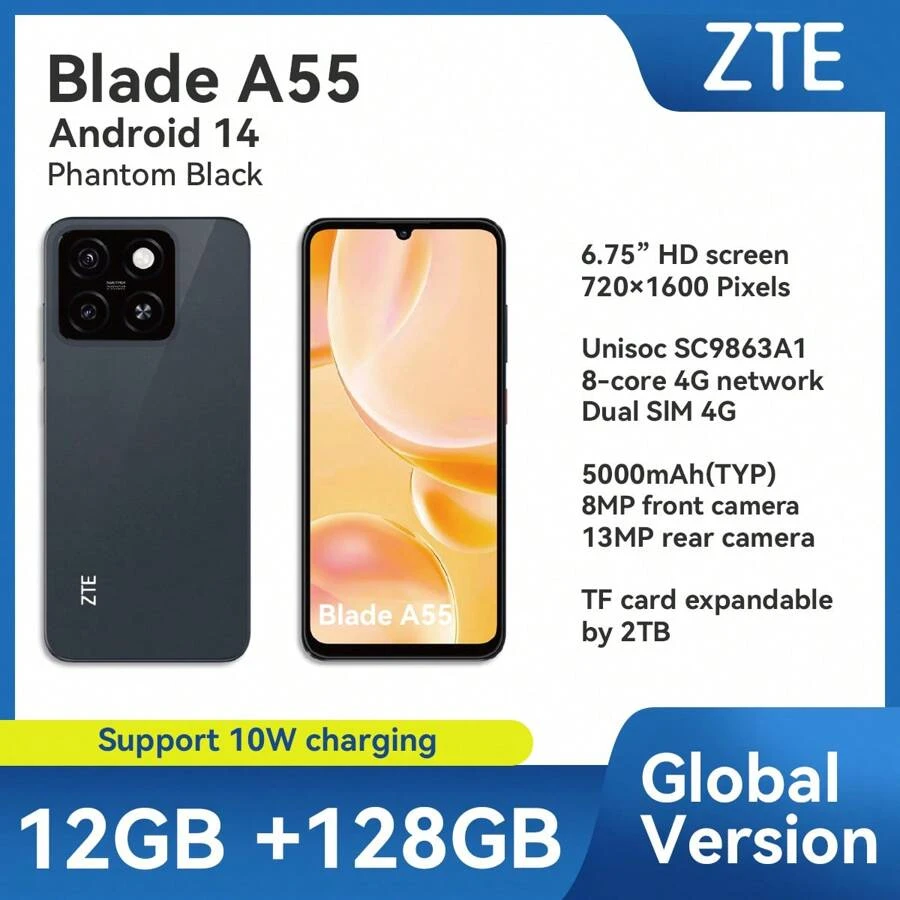 ZTE ZTE, Smartphone, Blade A55 Phantom Black, Desbloqueado, Android 14, (4 GB de RAM + 8 GB de fusão) + 128 GB de ROM, Bateria de 5000 mAh, Dual SLM 4G, O plugue é padrão europeu, NFC é suportado, 4G LTE, Versão global