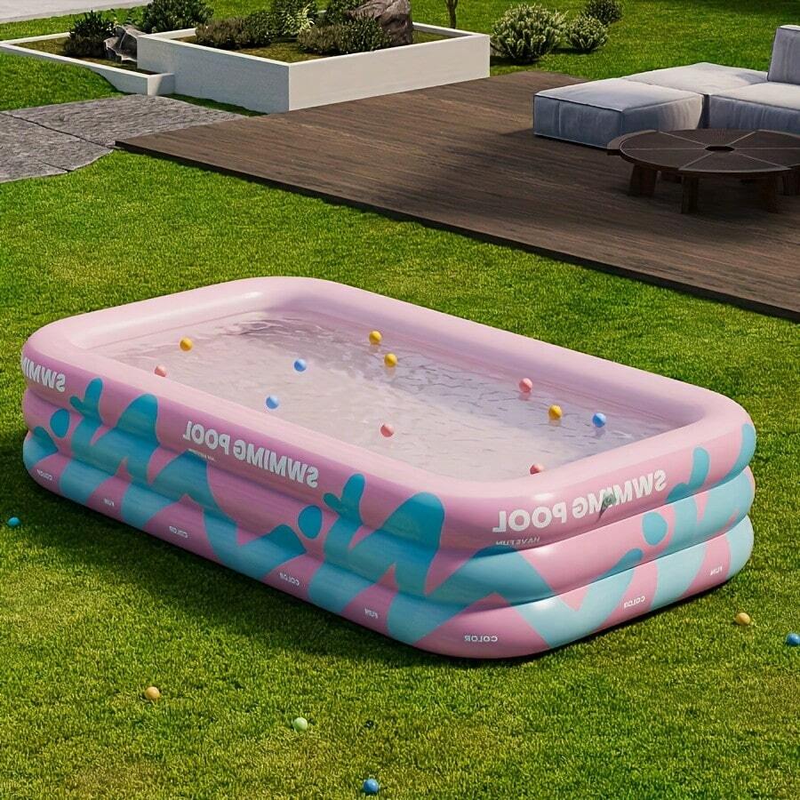 1pc Pink Striped Inflatable Pool, Suitable For Leisure, Entertainment, Party Water Activities