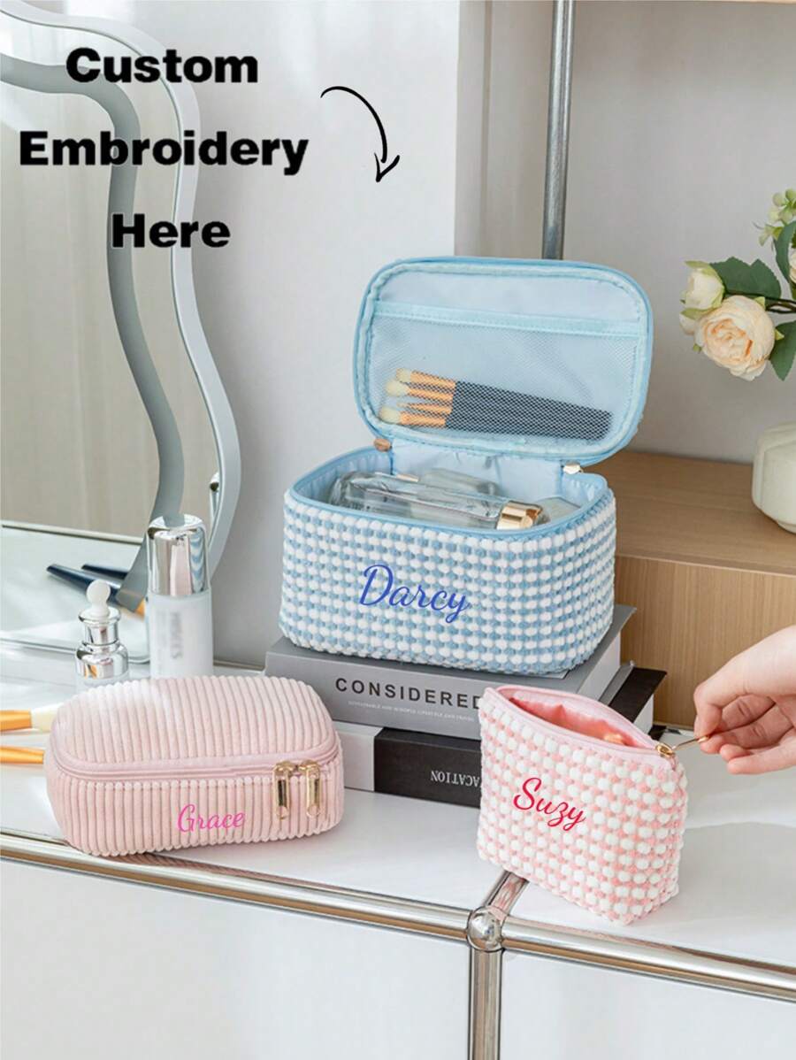 3er Set Kordsamt Make-up Taschen, bestickte Kosmetiktasche, Reise-Kulturtasche, Make-up Organizer, Reise-Kulturtasche, süße Make-up Tasche für Frauen und Mädchen, reisefreundlicher Organizer für Werkzeuge und Zubehör