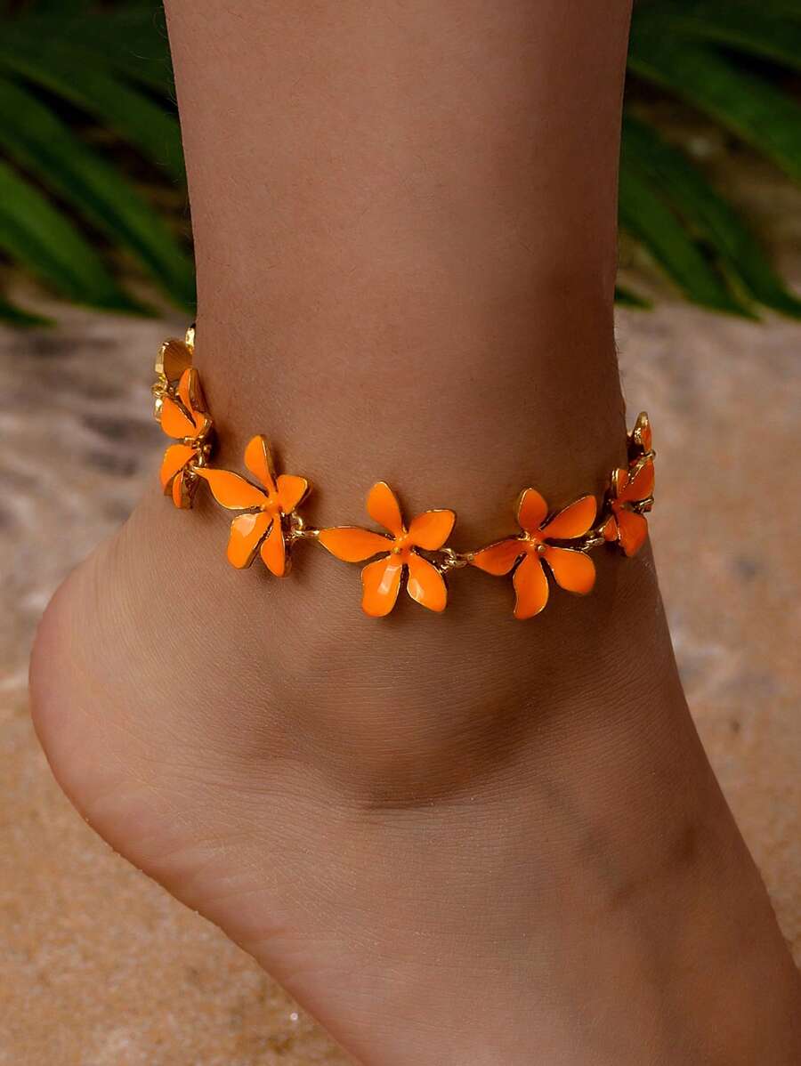 1pc 18K Gold Plated Enamel Alloy 3D Flower Anklet, Vintage Oil Painting Inspired, Fashion Accessory For Women