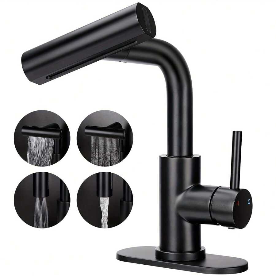 A 4-In-1 Bathroom Faucet, Matte Black Modern Single-Handle Pull-Out Bathroom Sink Faucet, 1 Hole Or 3 Holes, With Pop-Up Drain And Base Mounting Plate, Stainless Steel Faucet For Bathroom Sink Vanity