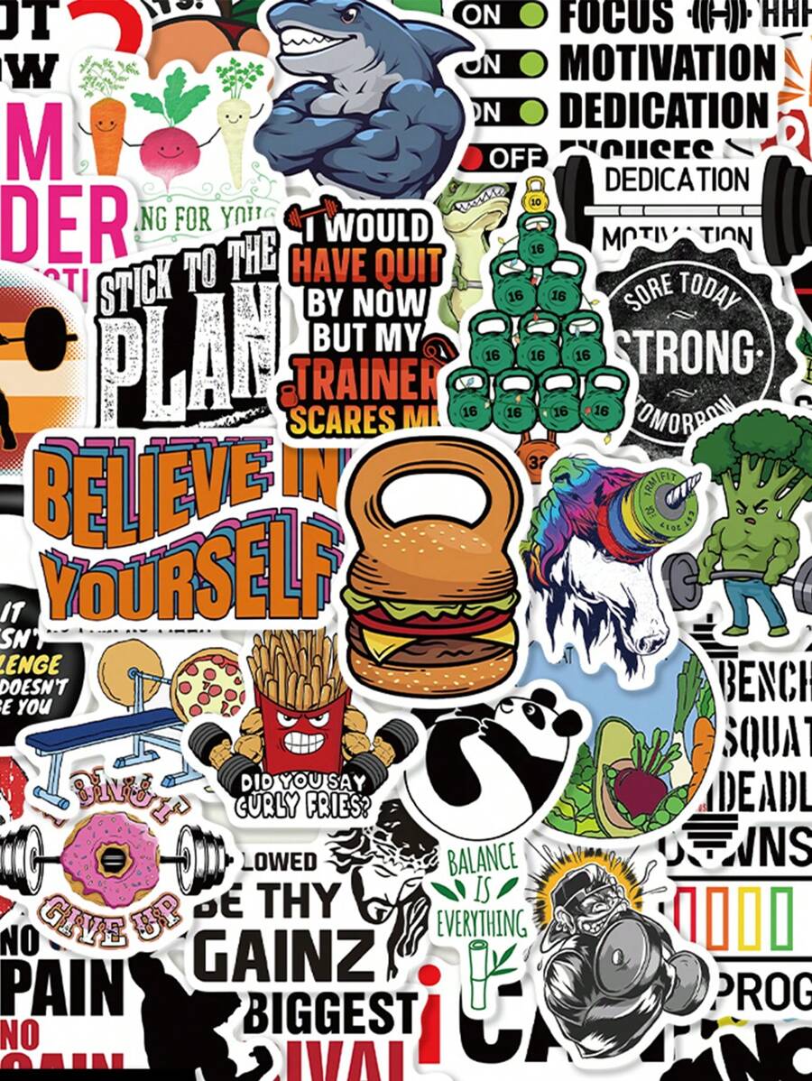 SCXXBSW 50 piezas de pegatinas de texto de dibujos animados divertidas y exquisitas como incentivo de fitness, autoadhesivas para estuches de teléfono, cuadernos, resistentes al agua