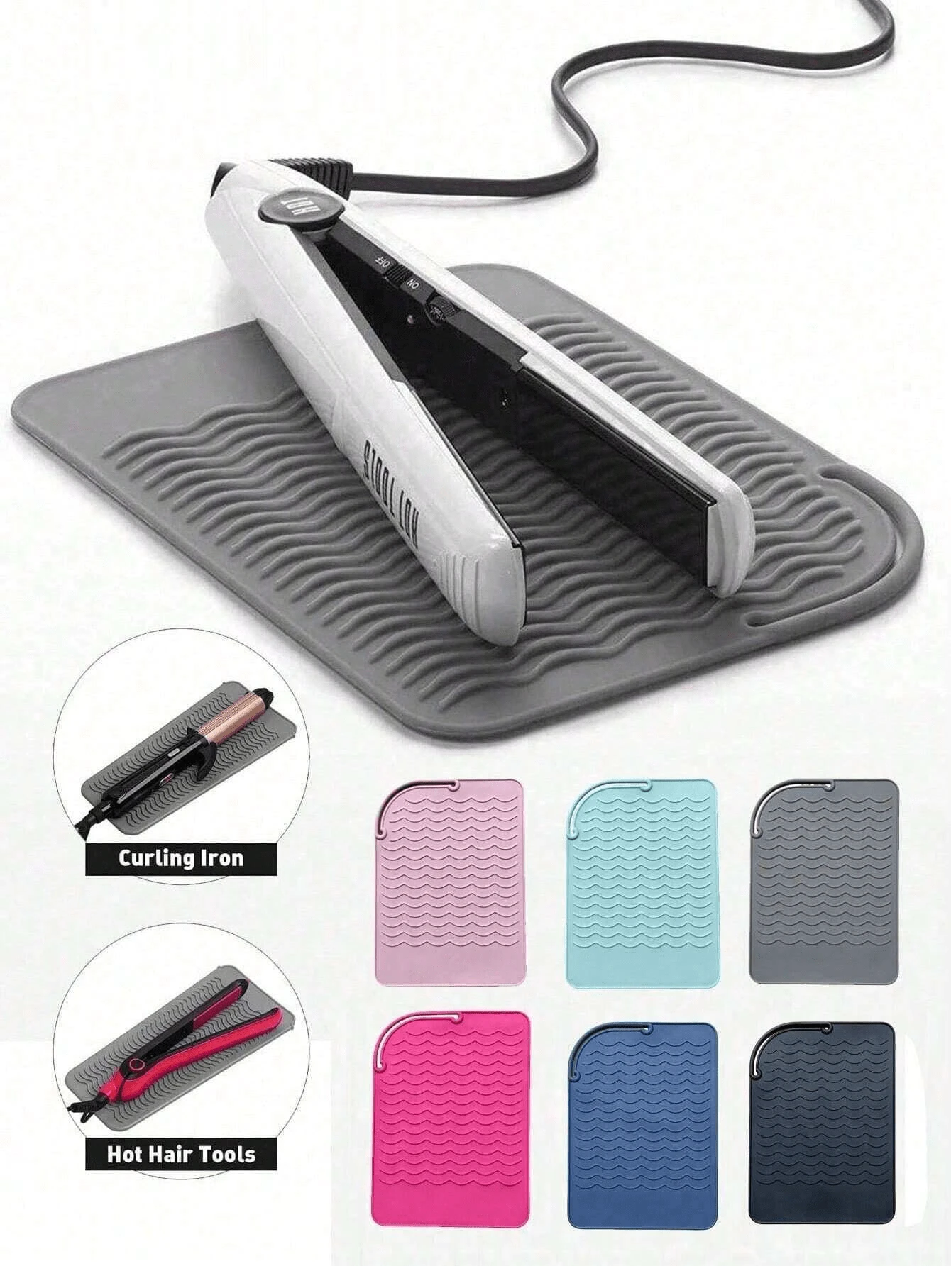 Estera resistente al calor de silicona para herramientas de peinado, funda protectora antideslizante portátil y almohadilla de descanso para rizadores, planchas alisadoras, varillas, evita daños en el mostrador, ideal para viajes y uso en salón doméstico, textura ondulada para un agarre seguro, fácil de transportar.