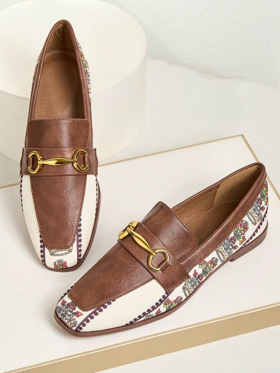 Premium Colorblock Square Toe Women Loafers Shoes With Metal Buckle, Versatile Classic Slip-On Casual Fashion Shoes