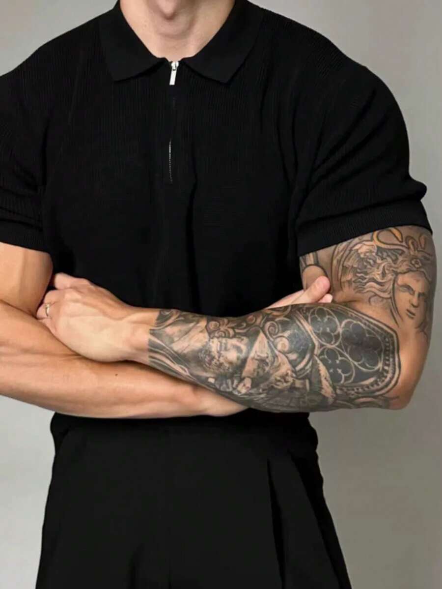 Men's Summer Half-Zip Short Sleeve Polo Shirt, Business Casual Knit Top With Collar, Stretch Fashionable