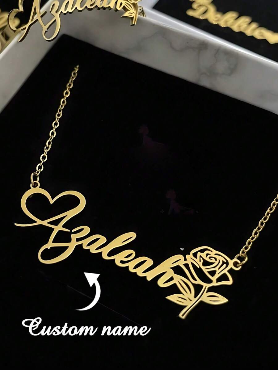 1PC Colar com pingente de coração rosa personalizado para mulheres, cor dourada, aço inoxidável, nome personalizado, colar, joia estética de casamento, acessórios de uso diário, presente de Natal