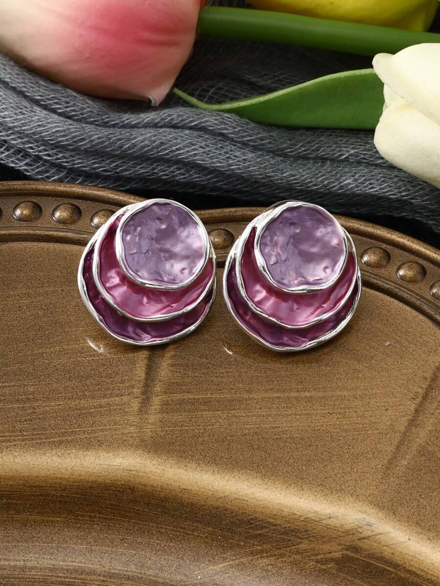 1 paire de boucles d'oreilles élégantes pour femmes, à plusieurs couches, de couleurs romantiques violet et rose. Mode pour un port quotidien, sorties, fêtes, cadeau pour la fête des mères