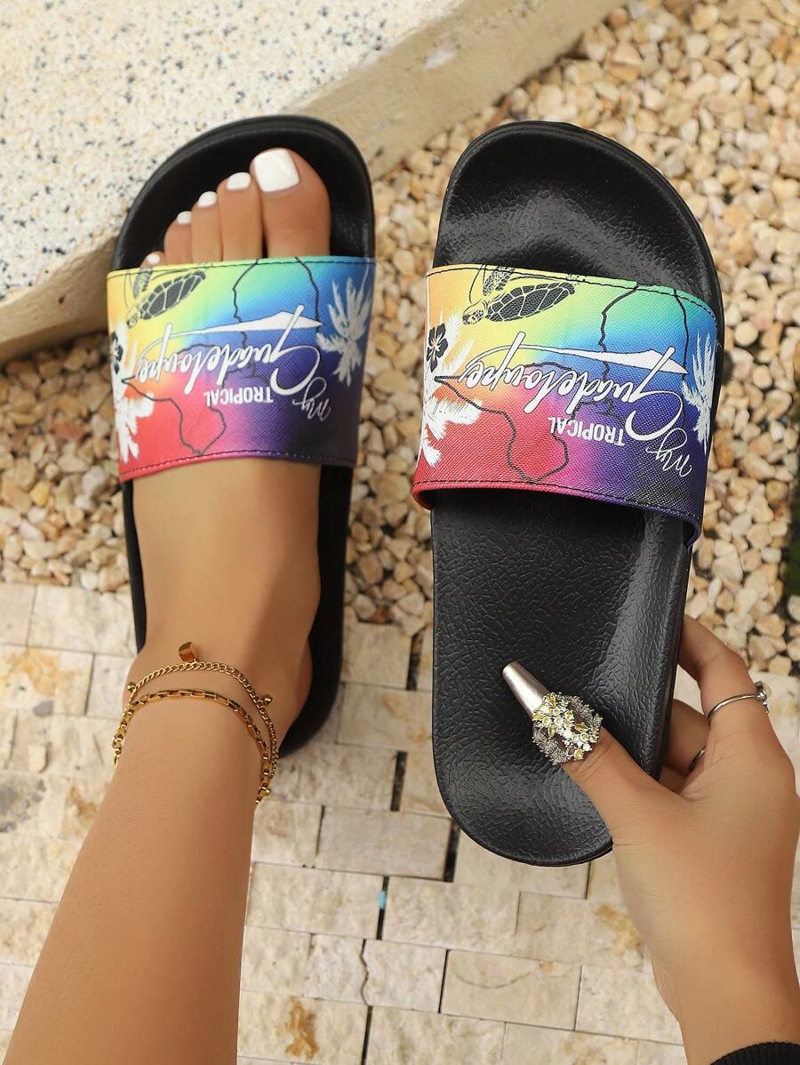 Women's Coconut Tree And Sea Turtle Pattern Slippers, Casual EVA Slip-On Open-Toe Soft Bottom Shoes, Comfortable Indoor House Bathroom Slides