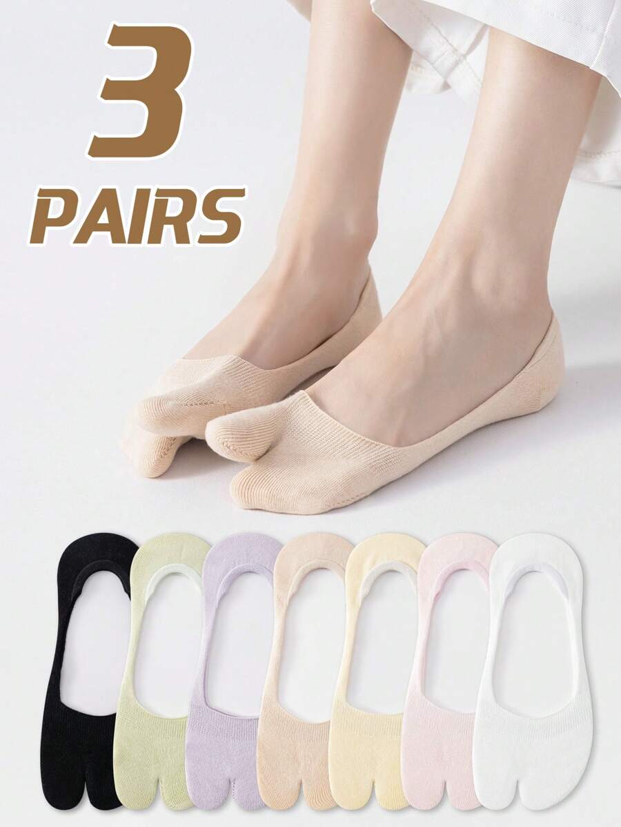 3 Pairs Women's Plain Solid Color Comfortable Antibacterial Moisture-Wicking Two-Toe Japanese Zori Style Low Vamp Hidden Heel Non-Slip Toe Socks, Suitable For All Seasons