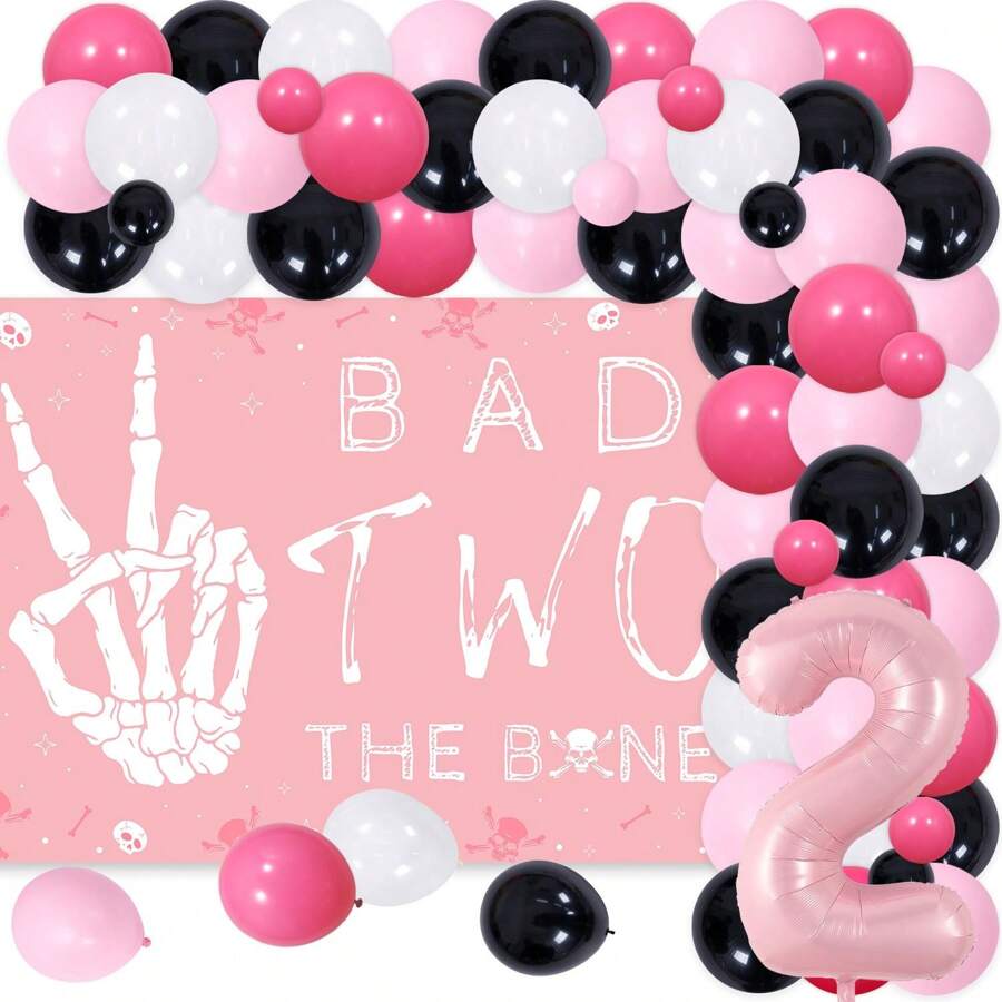 72 szt. Bad Two The Bone 2. urodziny dekoracje na imprezę różowy łuk balonowy girlanda z czaszką kości Bad Two The Bone tło, rock n roll muzyka motyw 90s drugie urodziny dekoracje na imprezę