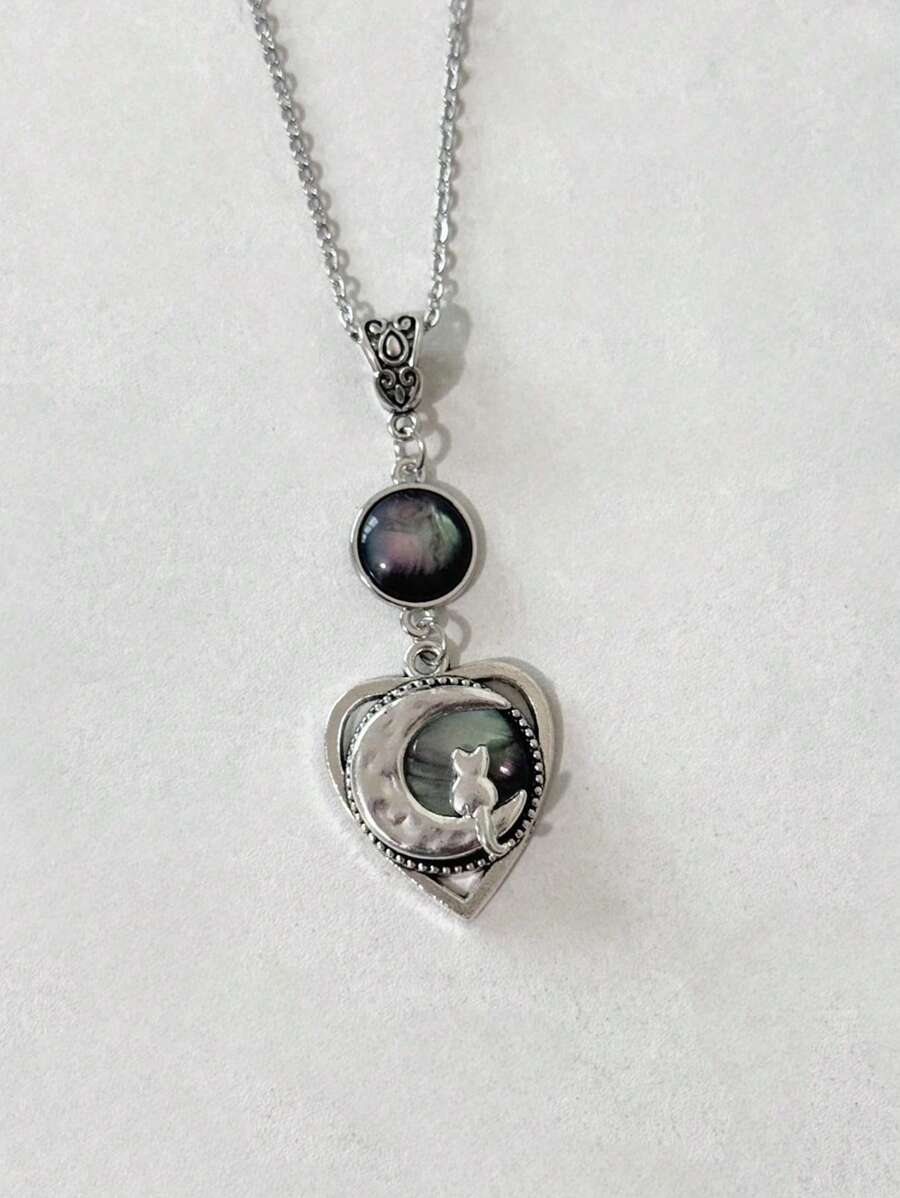 1PC Gothic Style Heart Shaped Cat And Moon Necklace For Women's Everyday Accessories Jewellery Gifts