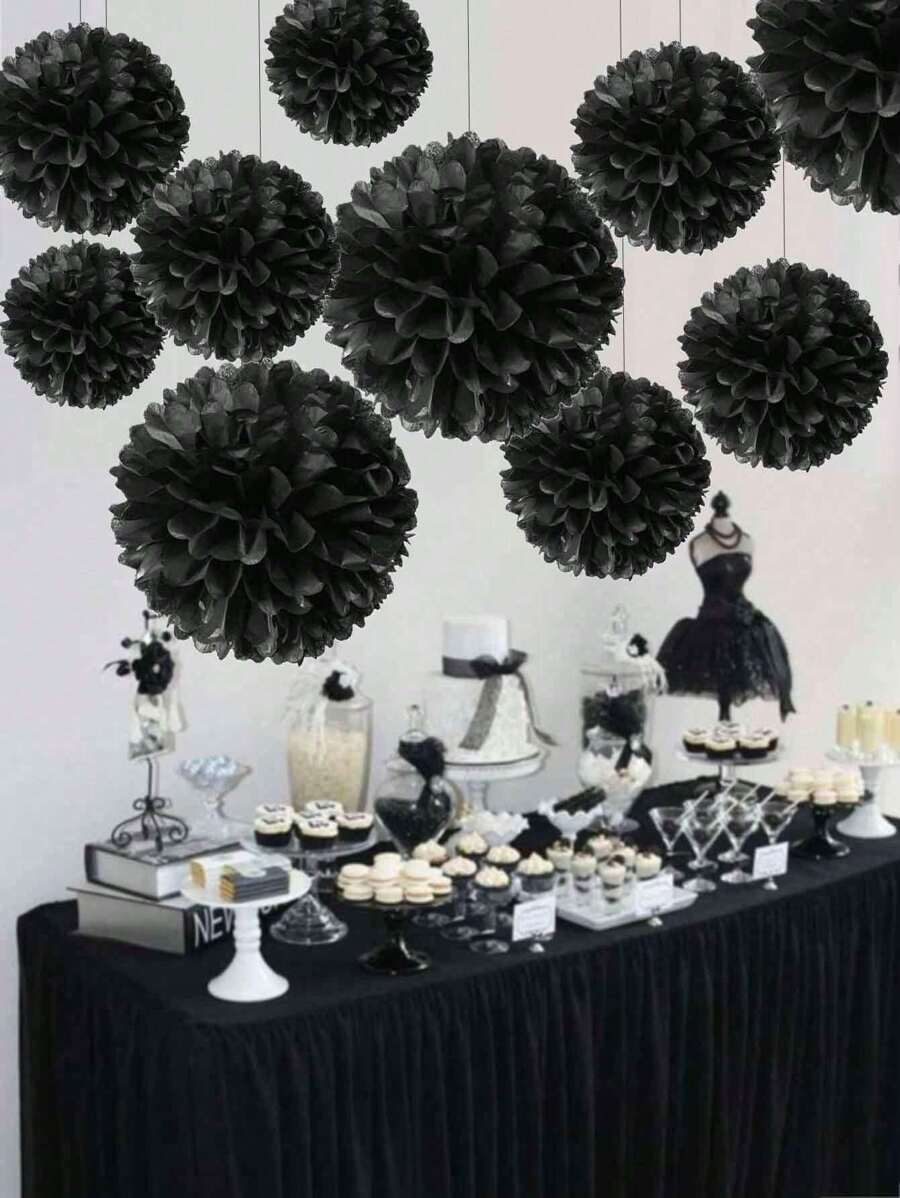 5pcs Black Tissue Paper Pom Poms, Black Paper Lanterns,Paper Flowers, New Year, Birthday, Graduation, Single Lady, Wedding, Bridal Shower Party Decoration,Birthday Party Background Decor Flowers, DIY Hanging Decor