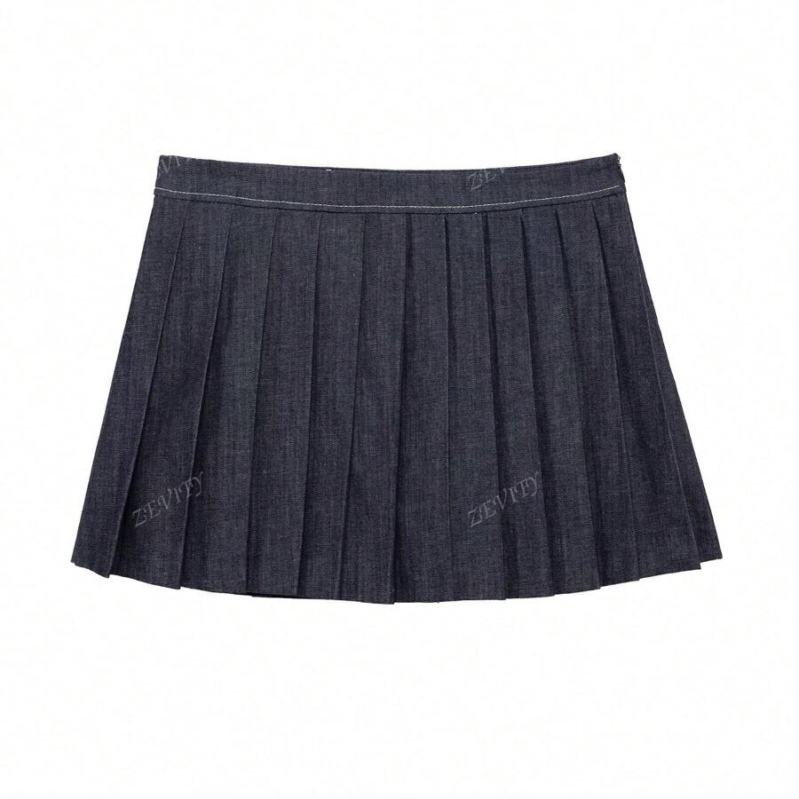 ZEVITY Casual Pleated Denim Mini Skorts For Summer