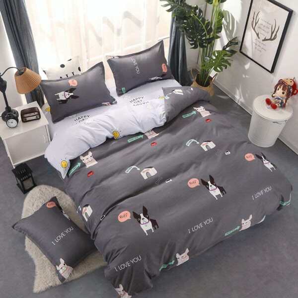 Cartoon Dog Print Duvet Cover Set, Grey