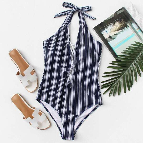 Striped Halter Swimsuit, Blue