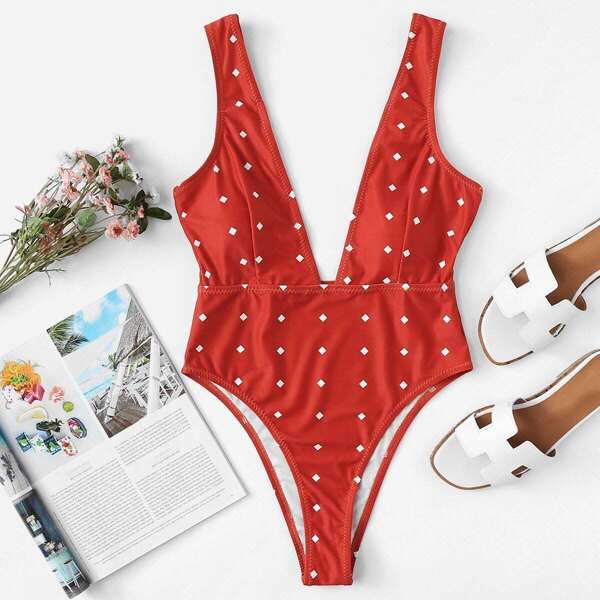 Geometric Print Double Plunge One Piece Swimsuit, Red bright
Geometric Print Double Plunge One Piece Swimsuit, Red bright