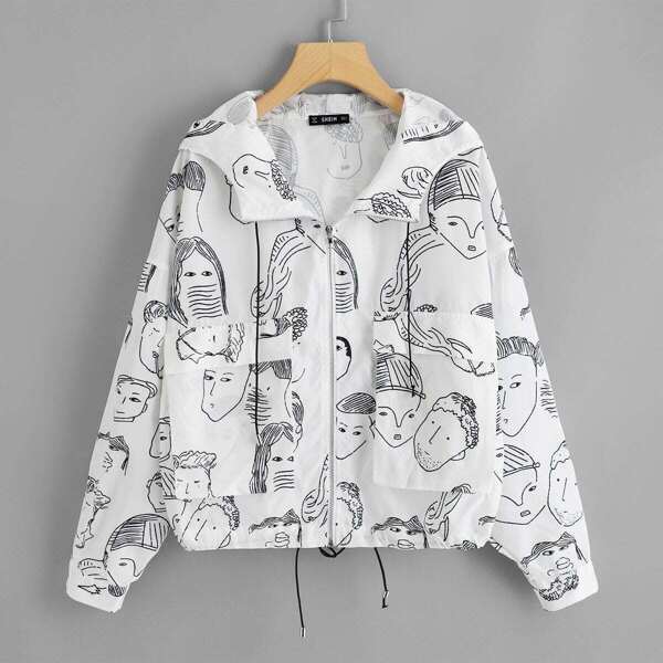 Figure Print Zip Up Hoodie Jacket, Black and white 
Figure Print Zip Up Hoodie Jacket, Black and white