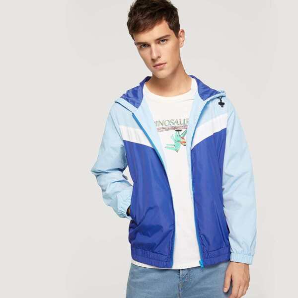 Men Zipper Front Color Block Hoodie Jacket, Blue
Men Zipper Front Color Block Hoodie Jacket, Blue