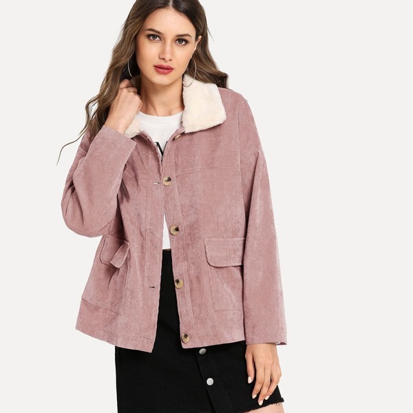 Button Front Pocket Detail Corduroy Coat, Pink
Button Front Pocket Detail Corduroy Coat, Pink