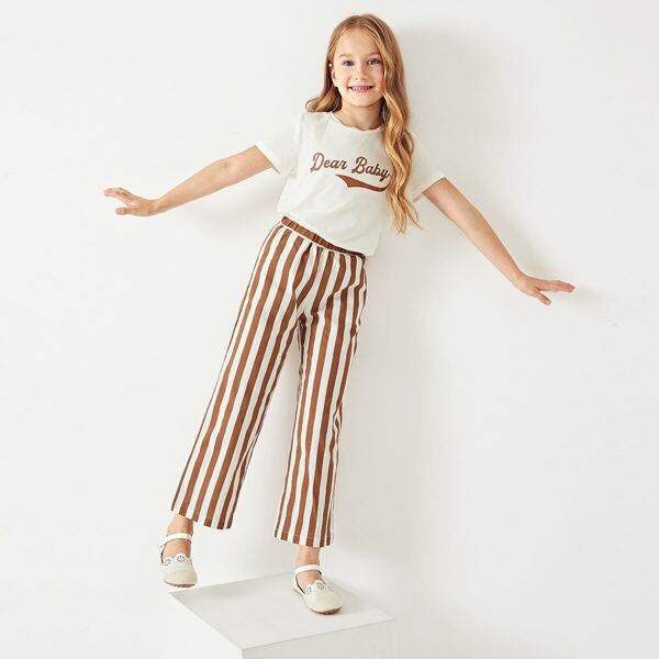 Girls Letter Print Tee & Striped Pants Set 
Girls Letter Print Tee & Striped Pants Set