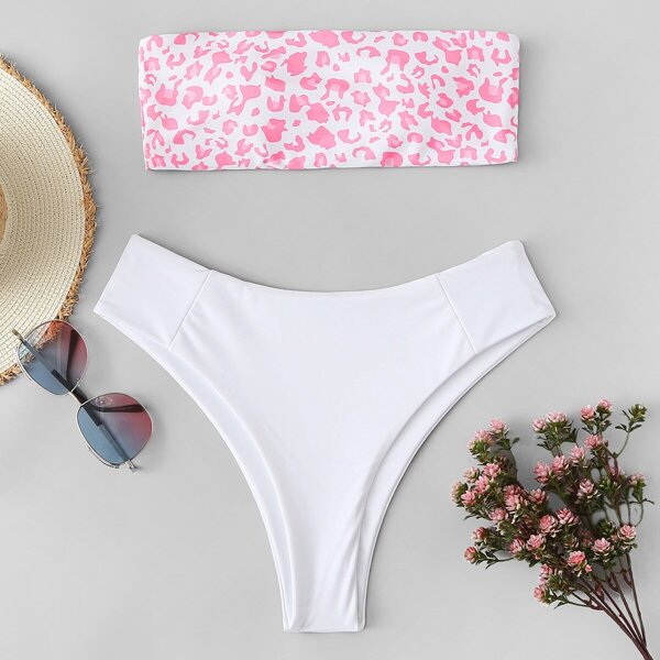 Leopard Print Bandeau Top With High Cut Bikini Set 
Leopard Print Bandeau Top With High Cut Bikini Set