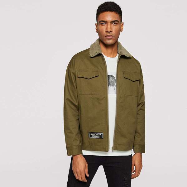 Men Faux Shearling Collar Flap Pocket Jacket