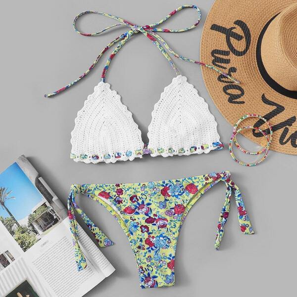 Floral Crochet Halter Top With Tie Side Bikini
Floral Crochet Halter Top With Tie Side Bikini