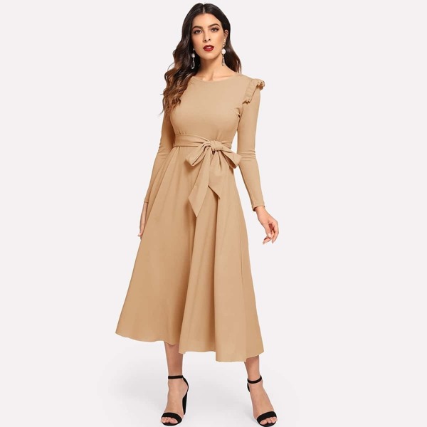 Ruffle Detail Waist Belted Solid Dress, Khaki 
Ruffle Detail Waist Belted Solid Dress, Khaki