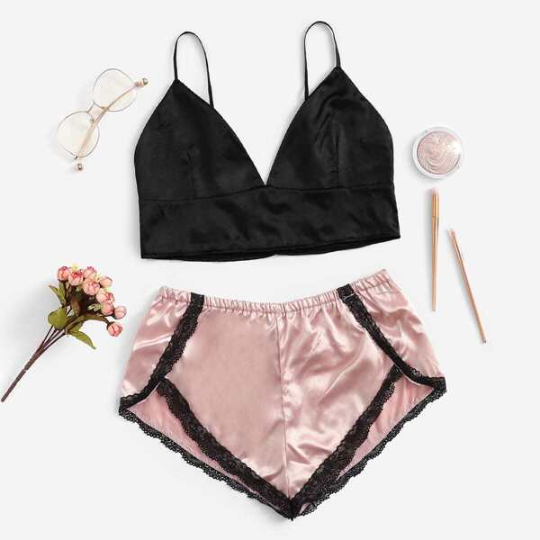 Lace Trim Satin Bralette With Shorts
Lace Trim Satin Bralette With Shorts
