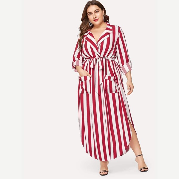 Plus Pocket Front Belted Striped Dress 
Plus Pocket Front Belted Striped Dress