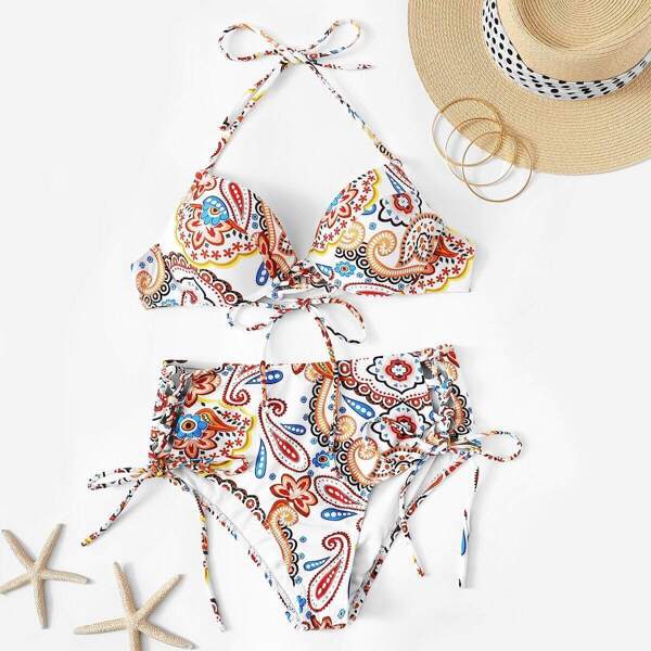 Paisley Print Halter Top With Tie Side Bikini Set 
Paisley Print Halter Top With Tie Side Bikini Set