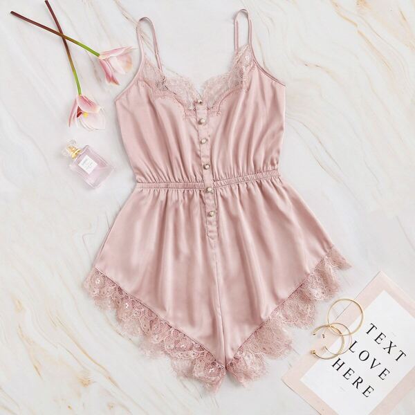 Lace Trim Satin Romper Bodysuit 
Lace Trim Satin Romper Bodysuit