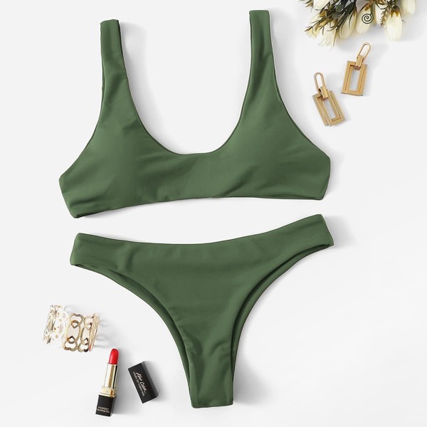 Scoop Neck Top With Cheeky Bikini Set, Army green
Scoop Neck Top With Cheeky Bikini Set, Army green