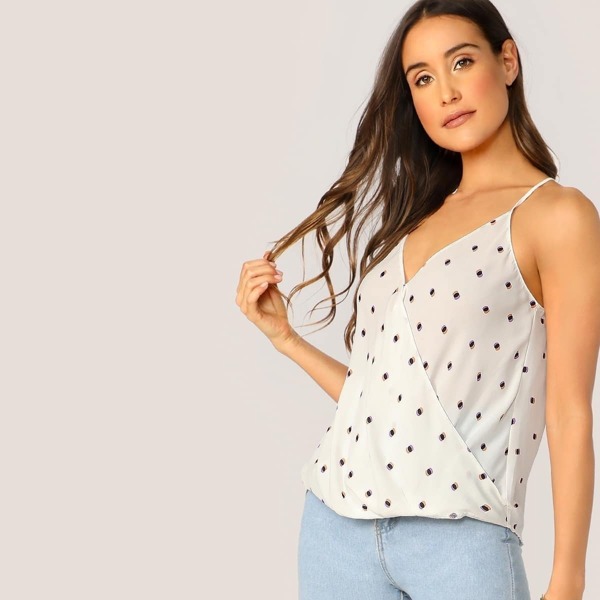 Blurred Polka Dot Surplice V-Neck Cami, White