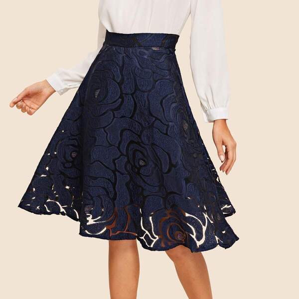 O-ring Zip Up Jacquard Mesh Flared Skirt, Navy