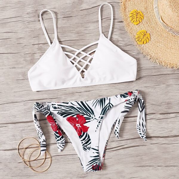 Lattice Top With Random Tropical Tie Side Bikini, Multicolor 
Lattice Top With Random Tropical Tie Side Bikini, Multicolor