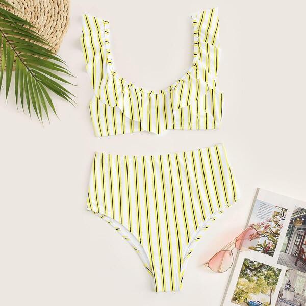 Striped Ruffle Top With High Waist Bikini Set
Striped Ruffle Top With High Waist Bikini Set