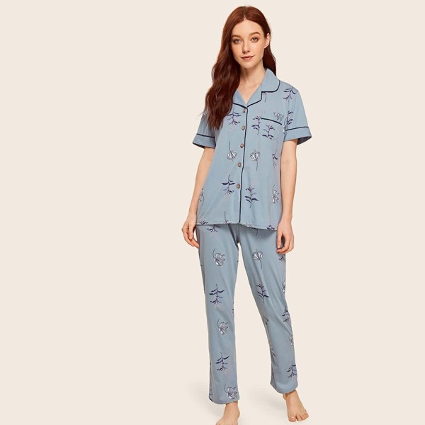 Floral Print Button-up Pajama Set, Blue 
Floral Print Button-up Pajama Set, Blue