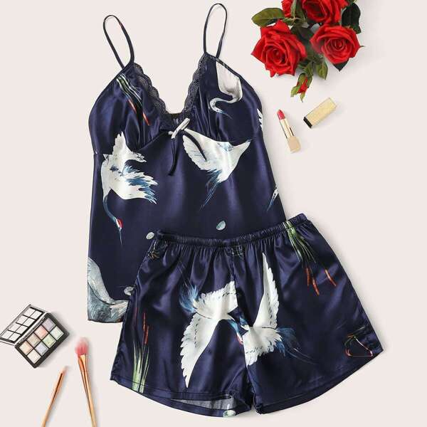 Crane Print Lace Trim Satin Cami PJ Set, Navy
Crane Print Lace Trim Satin Cami PJ Set, Navy