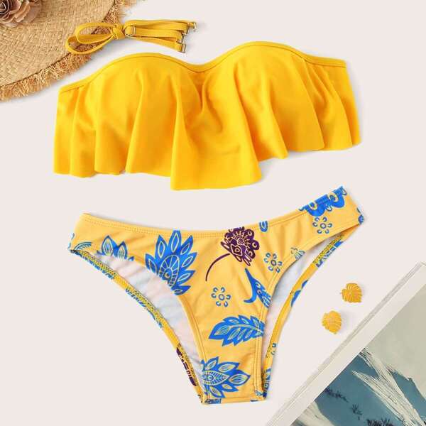Flounce Bandeau With Flower Print Bikini Set 
Flounce Bandeau With Flower Print Bikini Set